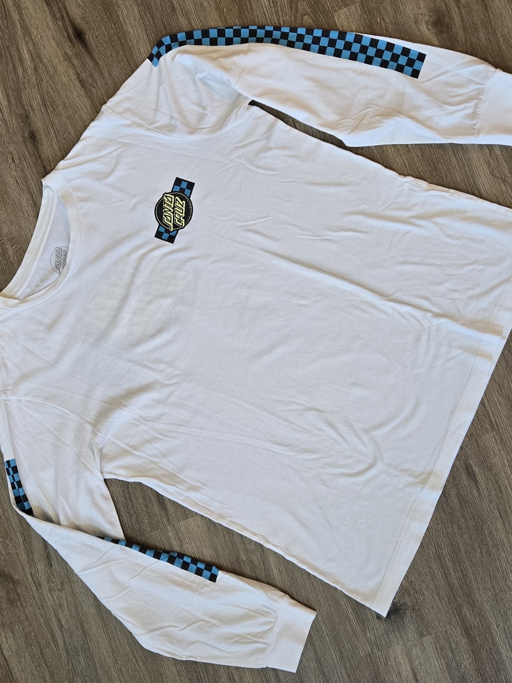 Vintage Santa Cruz White Long Sleeve Tee with Blue Checkerboard